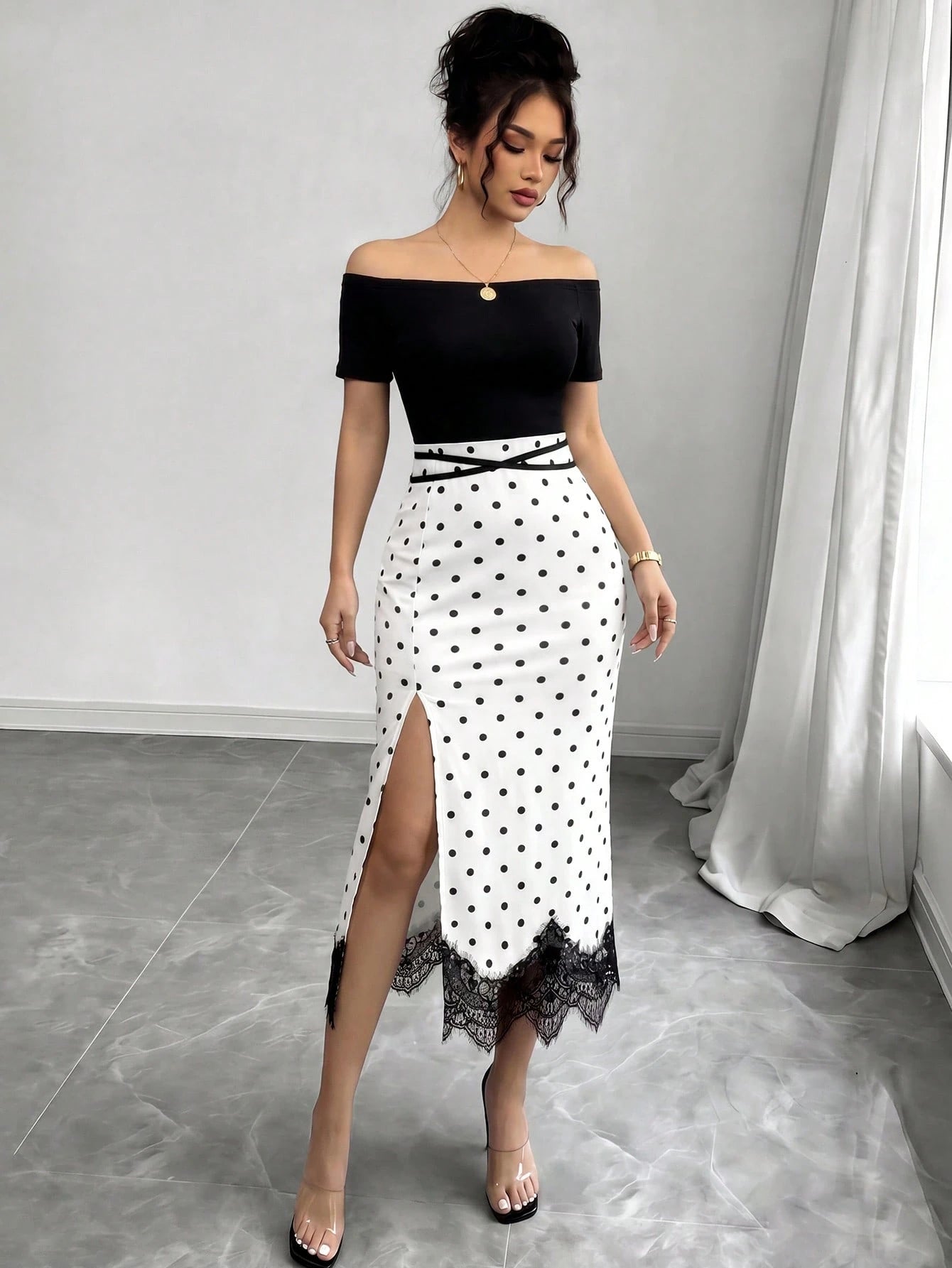 Elenzya Women's Black White Polka Dot 2 In 1 Off Shoulder Midi Dress, Contrast Color High Waist Slim Bodycon Dress, Lace Trim High Slit Hem, Elegant Daily Casual Dress, Dating Vacation Outfit, O