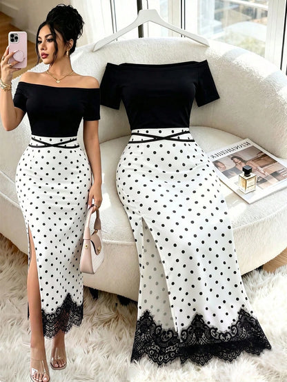 Elenzya Women's Black White Polka Dot 2 In 1 Off Shoulder Midi Dress, Contrast Color High Waist Slim Bodycon Dress, Lace Trim High Slit Hem, Elegant Daily Casual Dress, Dating Vacation Outfit, O