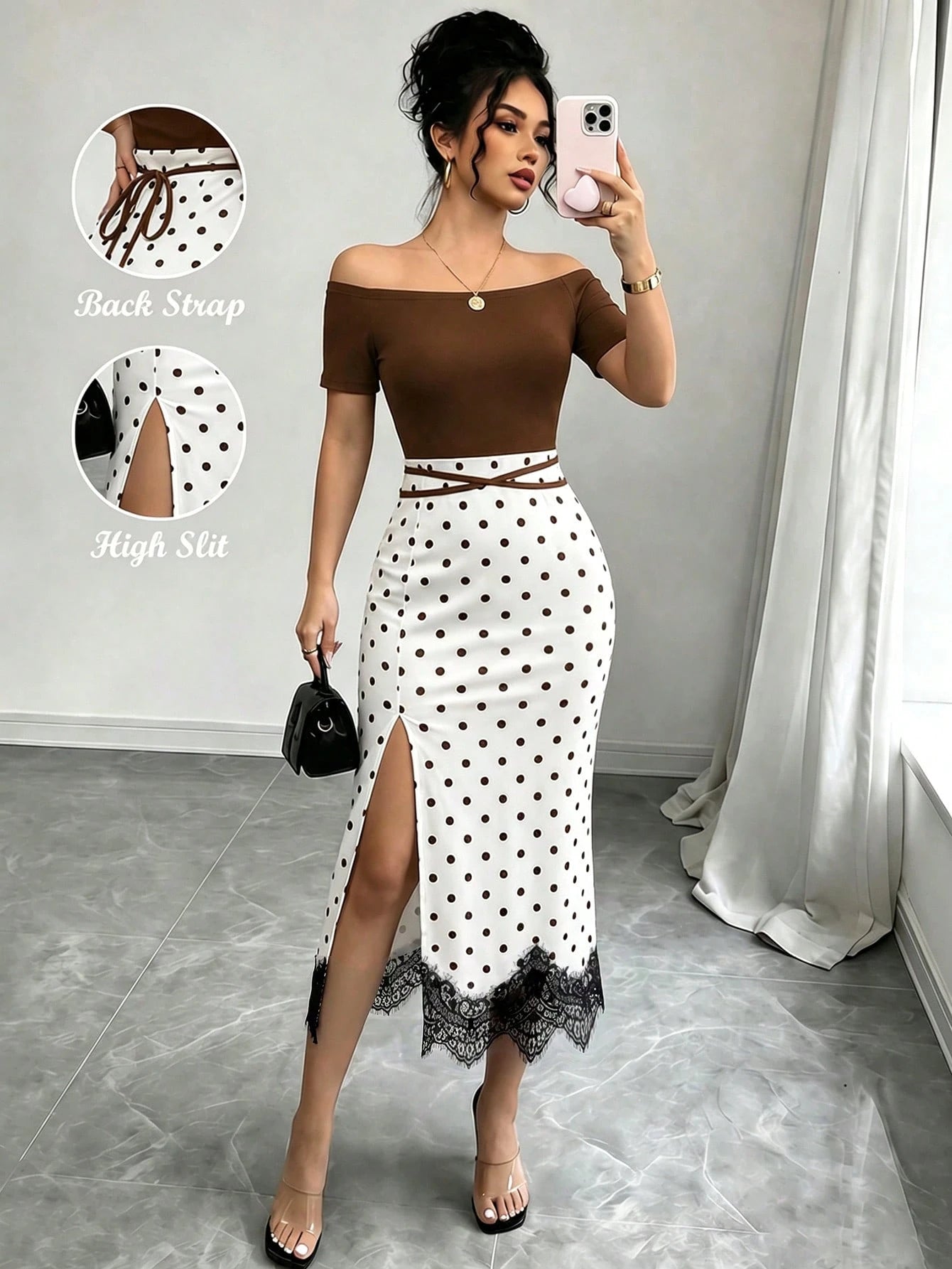 Elenzya Women's Black White Polka Dot 2 In 1 Off Shoulder Midi Dress, Contrast Color High Waist Slim Bodycon Dress, Lace Trim High Slit Hem, Elegant Daily Casual Dress, Dating Vacation Outfit, O