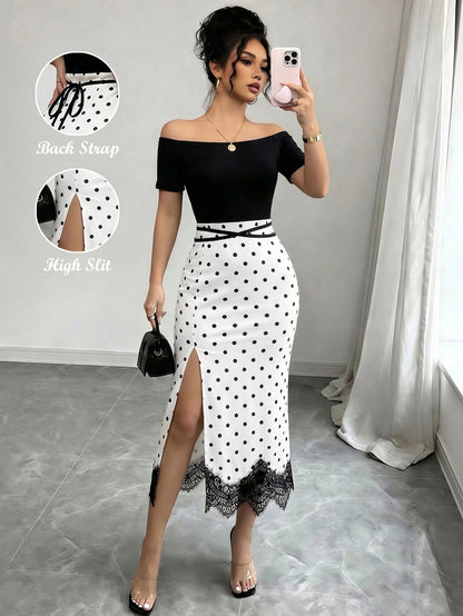 Elenzya Women's Black White Polka Dot 2 In 1 Off Shoulder Midi Dress, Contrast Color High Waist Slim Bodycon Dress, Lace Trim High Slit Hem, Elegant Daily Casual Dress, Dating Vacation Outfit, O
