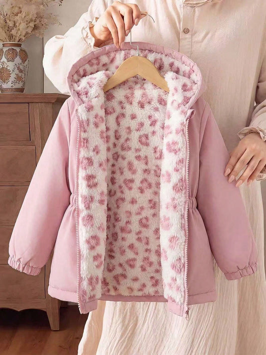Elladie kids 1pc Young Girl Winter New Pink Floral Thermal Lined Zipper With Elastic Waist And Hood, Thickened Warm Casual Commute Versatile Simple Fashion Cold-Proof Jacket