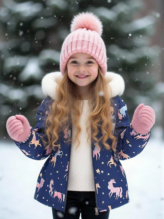Elladie kids Girls Thick Fleece Hooded Puffer Jacket With Faux Fur Collar,Cartoon Print Slim Fit Zipper Coat,Suitable For Autumn/Winter Clothes For Kids Ages 4-7
