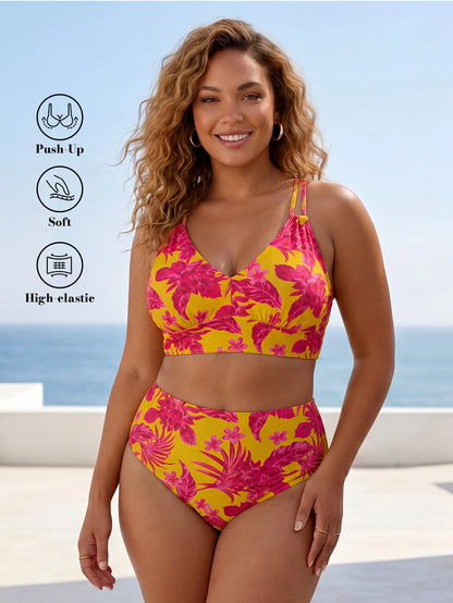 ELLERISSA Plus Size Yellow Tropical Floral Print V-Neck Cross Back High Waist Bikini Set