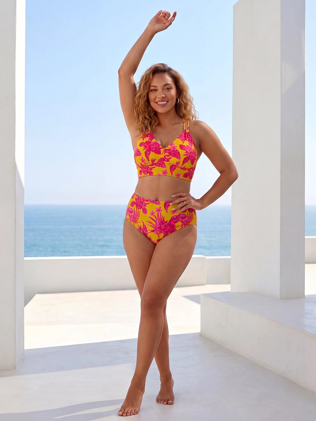 ELLERISSA Plus Size Yellow Tropical Floral Print V-Neck Cross Back High Waist Bikini Set