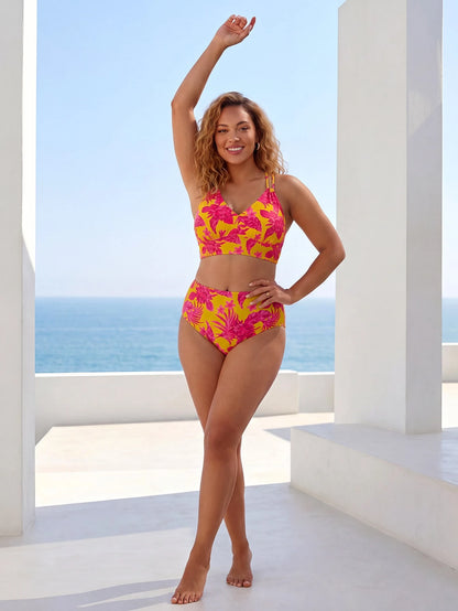 ELLERISSA Plus Size Yellow Tropical Floral Print V-Neck Cross Back High Waist Bikini Set