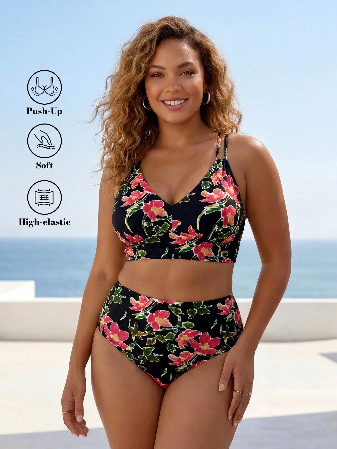ELLERISSA Plus Size Yellow Tropical Floral Print V-Neck Cross Back High Waist Bikini Set