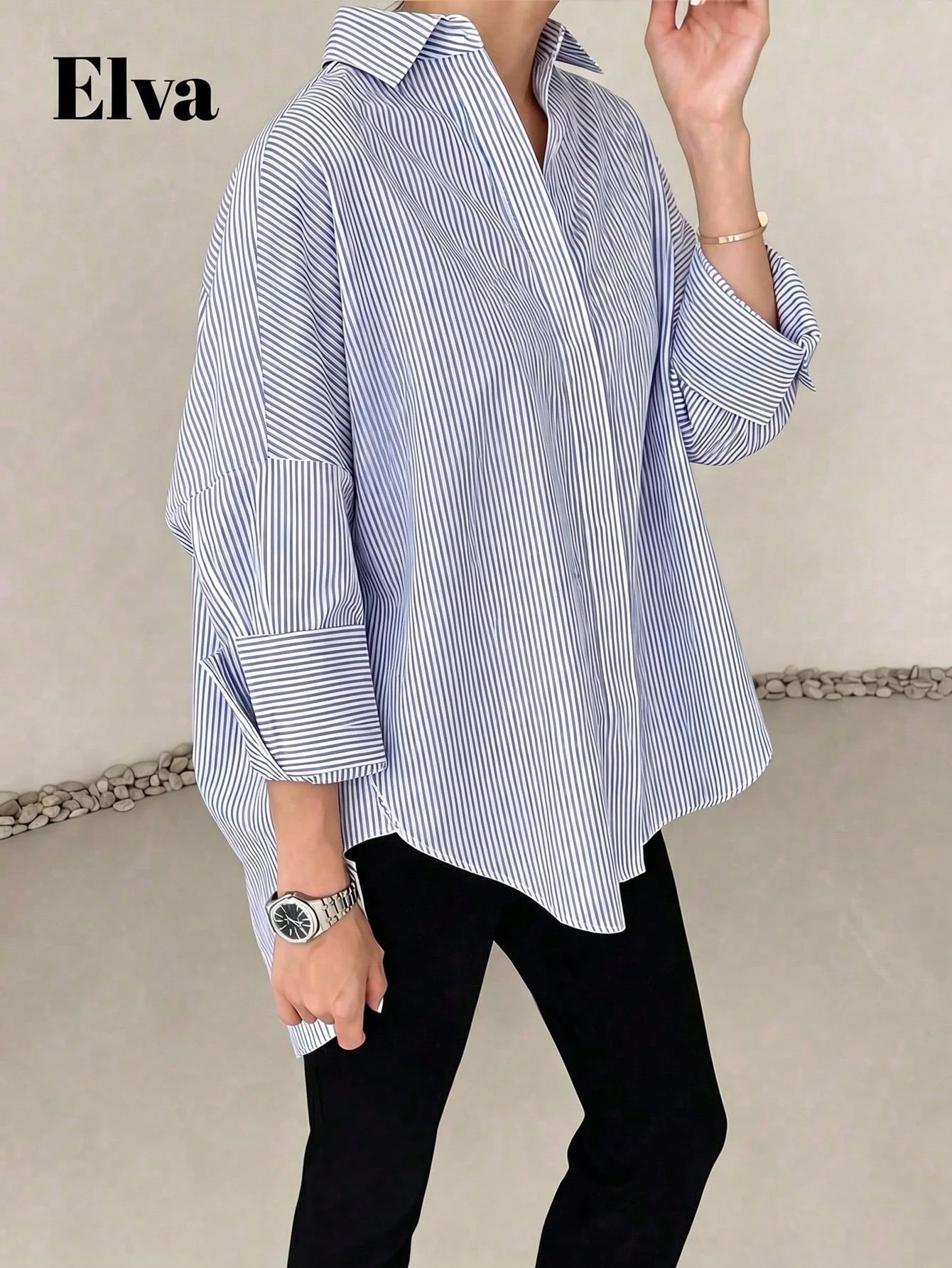 ELVA Women's Blue Striped Long Sleeve Loose Office Shirt, Women's Work Top, Valentine's Day, Autumn, Back To School