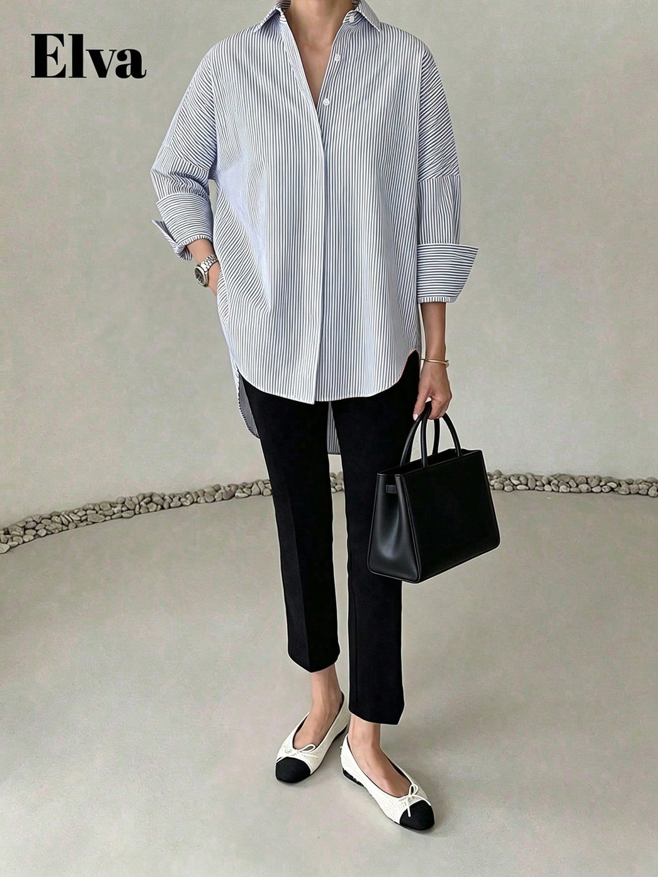ELVA Women's Blue Striped Long Sleeve Loose Office Shirt, Women's Work Top, Valentine's Day, Autumn, Back To School