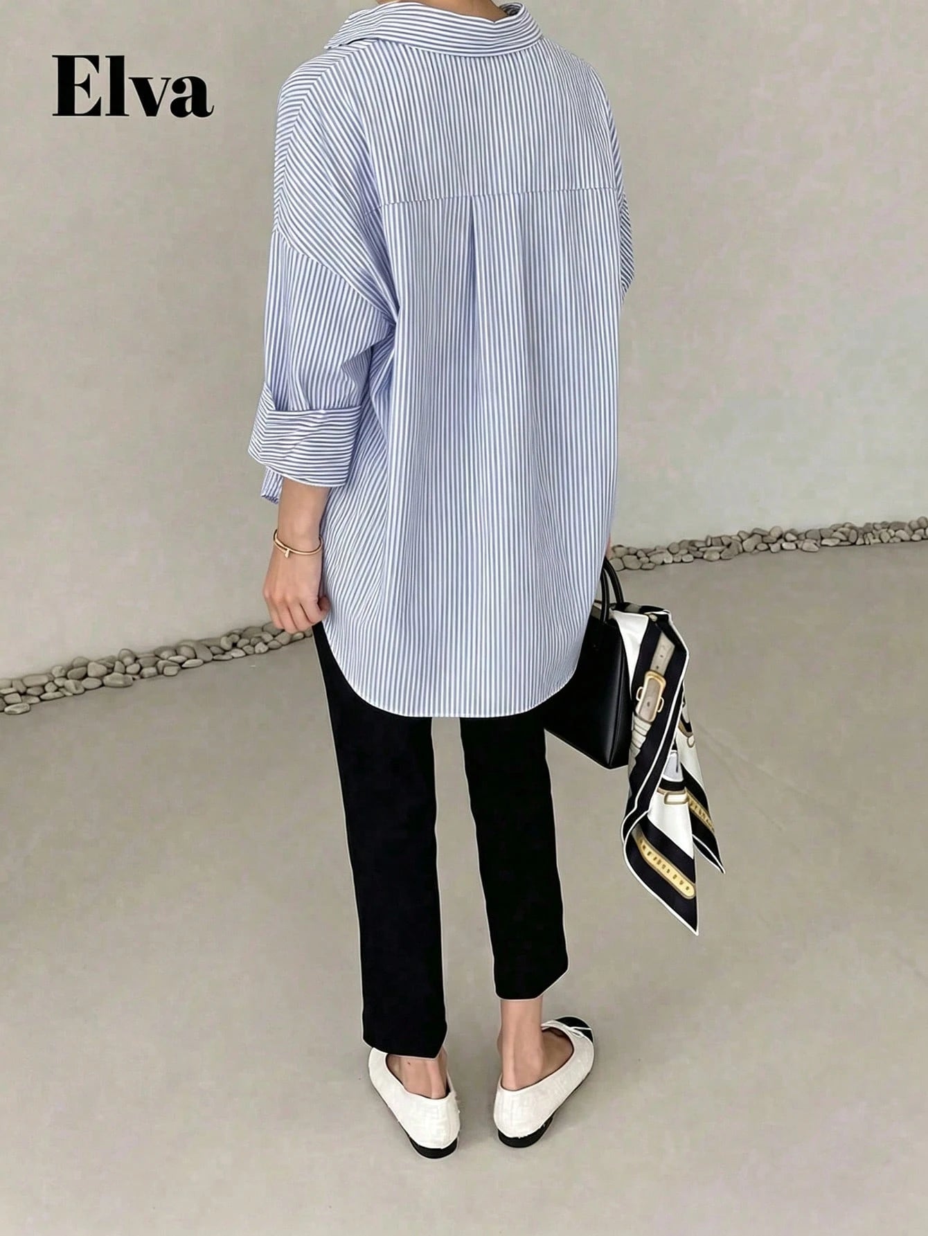 ELVA Women's Blue Striped Long Sleeve Loose Office Shirt, Women's Work Top, Valentine's Day, Autumn, Back To School