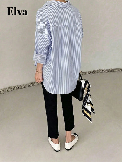 ELVA Women's Blue Striped Long Sleeve Loose Office Shirt, Women's Work Top, Valentine's Day, Autumn, Back To School