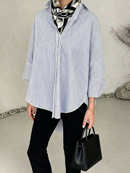 ELVA Women's Blue Striped Long Sleeve Loose Office Shirt, Women's Work Top, Valentine's Day, Autumn, Back To School