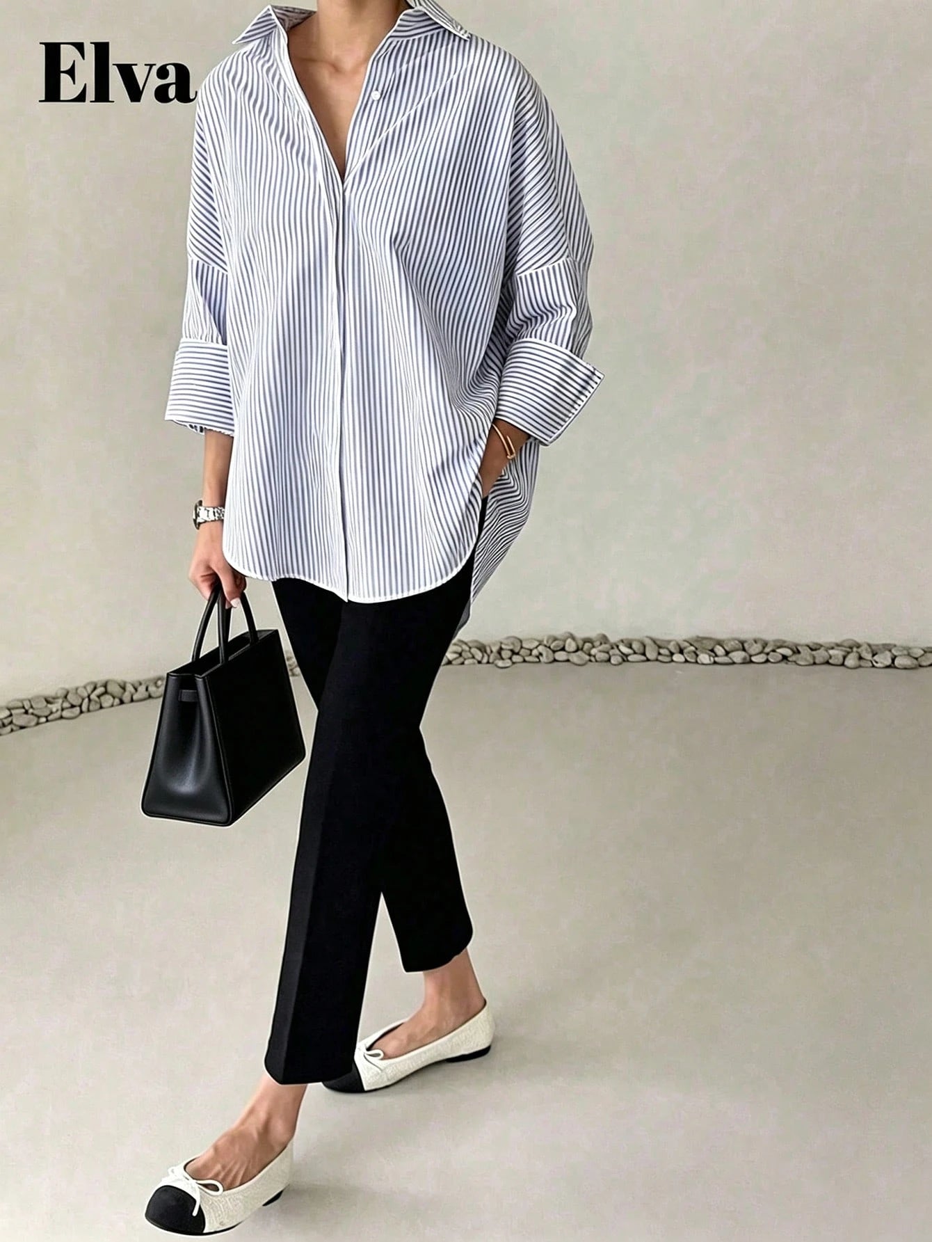 ELVA Women's Blue Striped Long Sleeve Loose Office Shirt, Women's Work Top, Valentine's Day, Autumn, Back To School