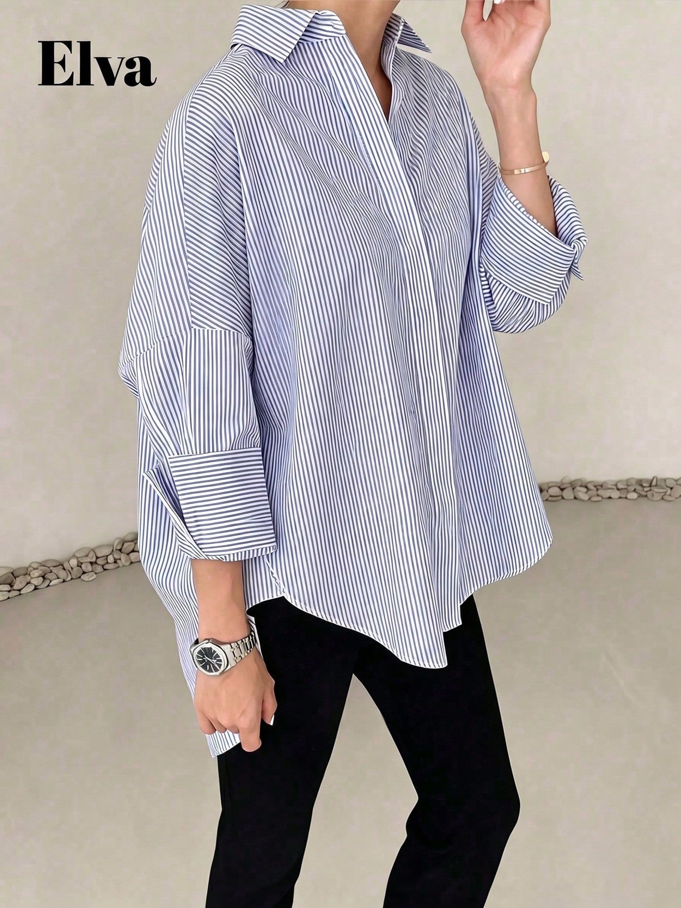 ELVA Women's Blue Striped Long Sleeve Loose Office Shirt, Women's Work Top, Valentine's Day, Autumn, Back To School