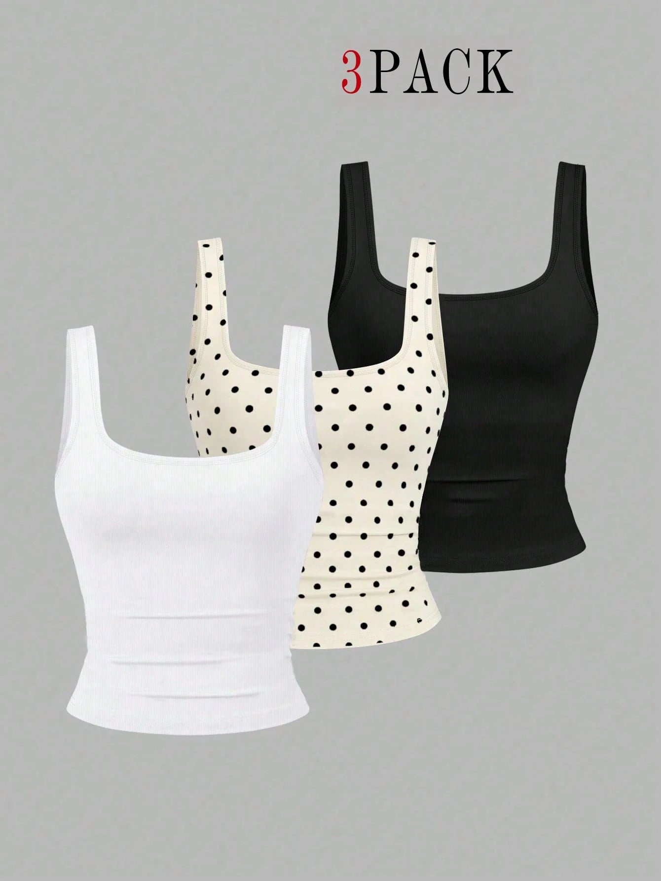 EMERY ROSE 3pcs Plus Size Women's Casual Solid Color & Polka Dot Printed Pattern Sleeveless Vest Set, Tank Top