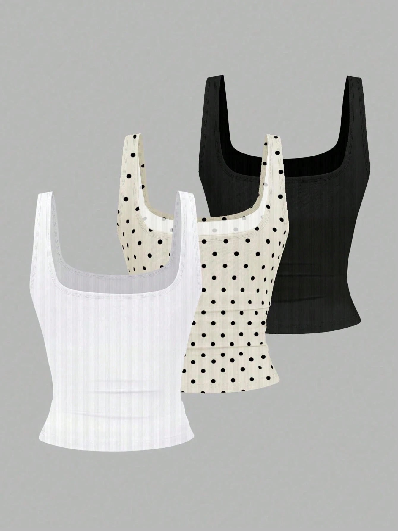 EMERY ROSE 3pcs Plus Size Women's Casual Solid Color & Polka Dot Printed Pattern Sleeveless Vest Set, Tank Top