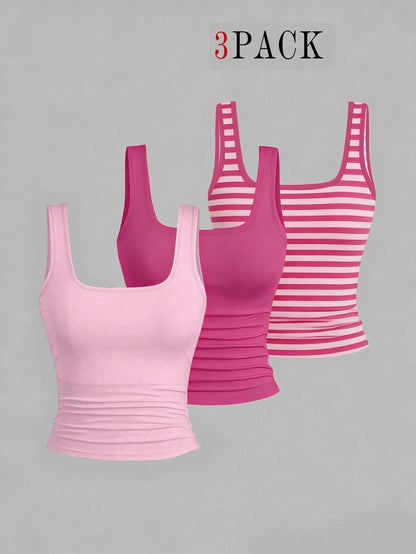 EMERY ROSE 3pcs Plus Size Women's Casual Solid Color & Polka Dot Printed Pattern Sleeveless Vest Set, Tank Top