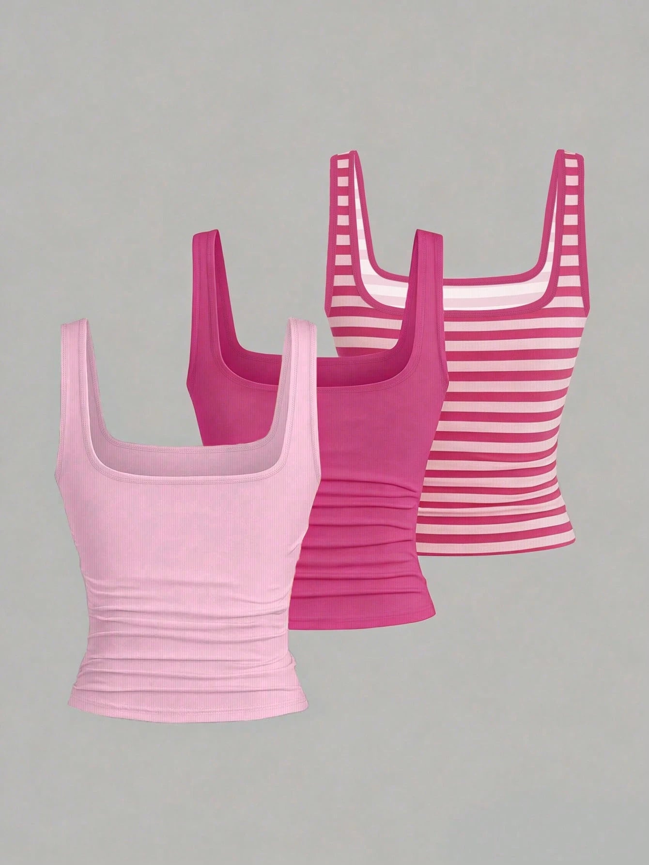 EMERY ROSE 3pcs Plus Size Women's Casual Solid Color & Polka Dot Printed Pattern Sleeveless Vest Set, Tank Top