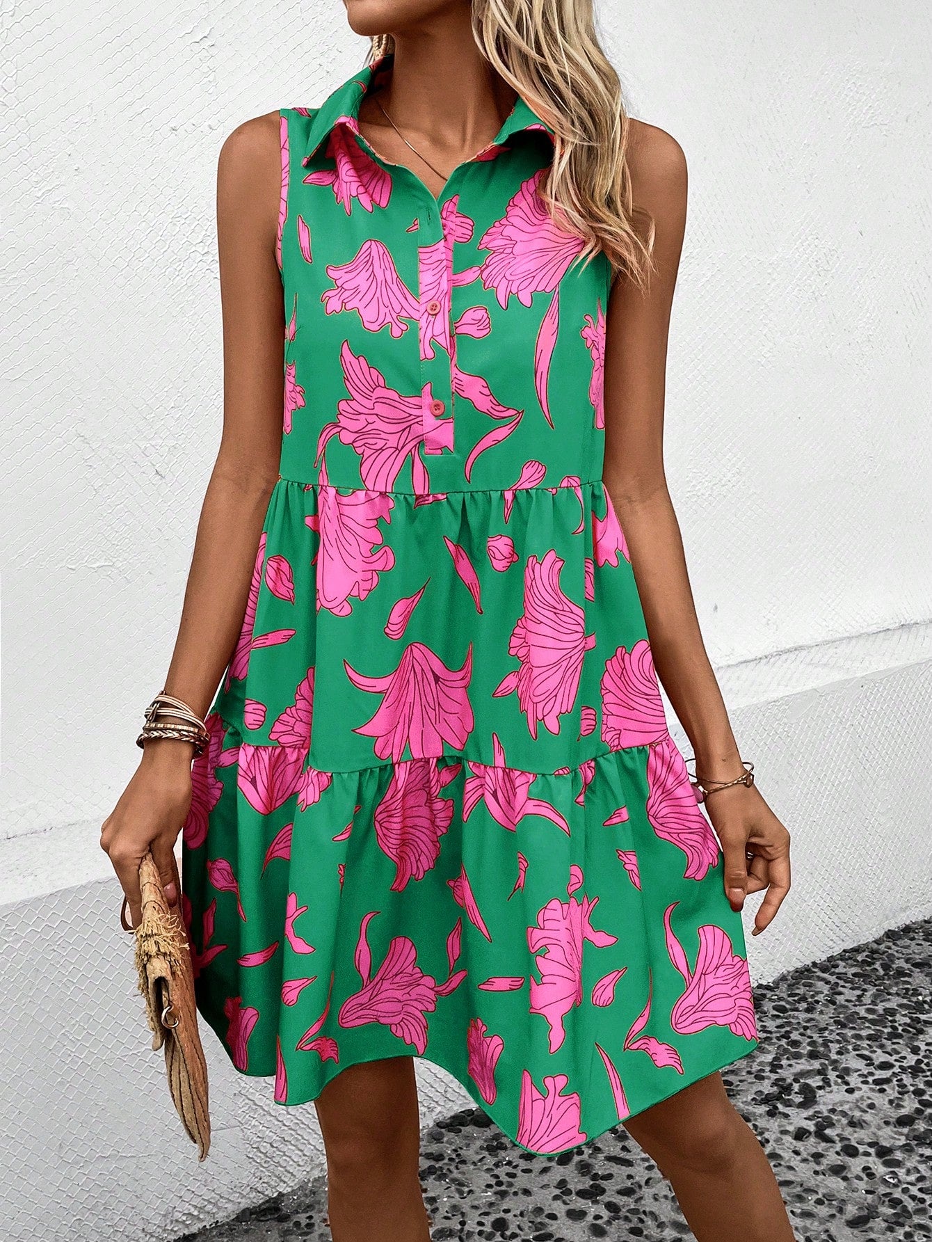 EMERY ROSE Floral Print Ruffle Hem Smock Dress