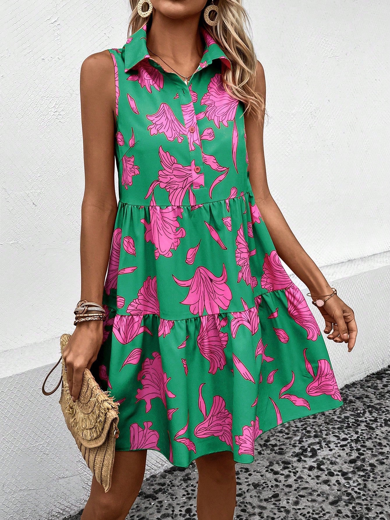 EMERY ROSE Floral Print Ruffle Hem Smock Dress