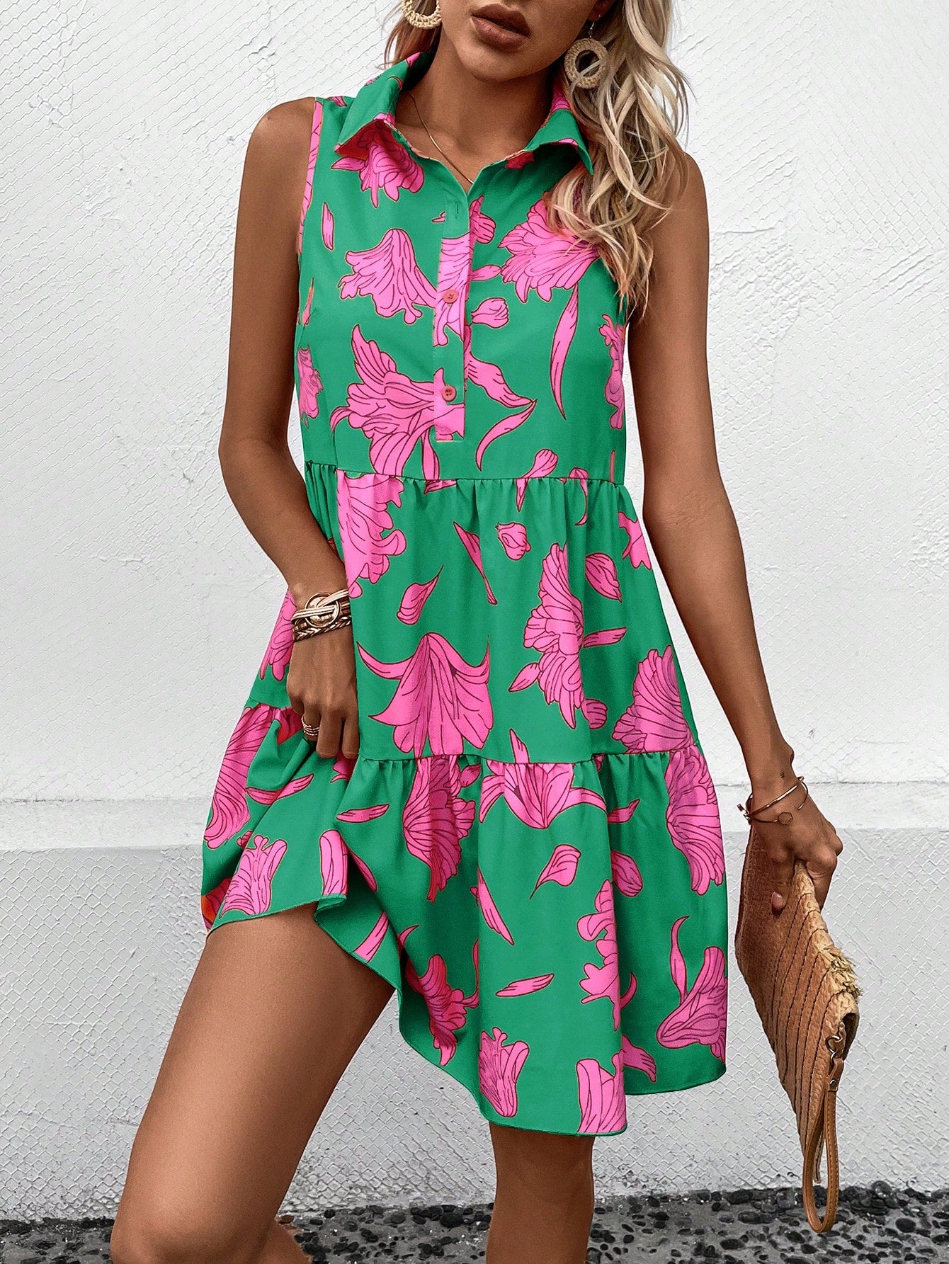 EMERY ROSE Floral Print Ruffle Hem Smock Dress
