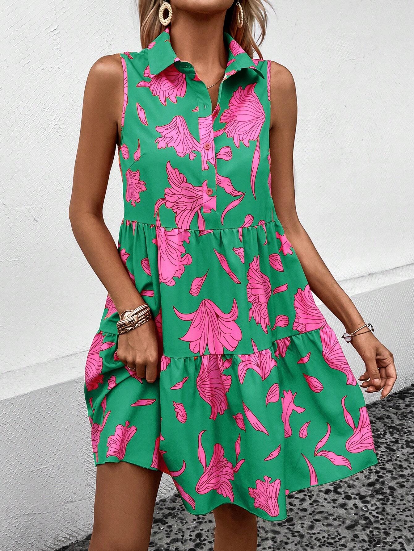 EMERY ROSE Floral Print Ruffle Hem Smock Dress
