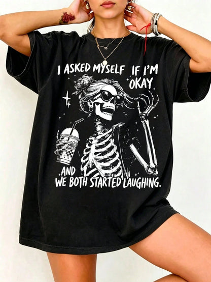 EMERY ROSE I Asked Myself If I'M Okay Skeleton T-Shirt, Snarky Sarcastic Funny Mental Health Shirt, Vintage Distressed Graphic Tee,Graphic Tees Women Tops