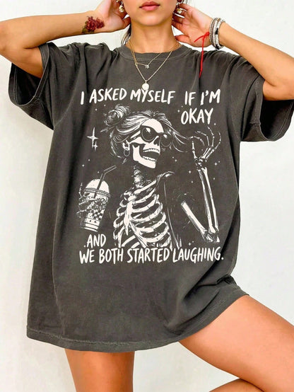 EMERY ROSE I Asked Myself If I'M Okay Skeleton T-Shirt, Snarky Sarcastic Funny Mental Health Shirt, Vintage Distressed Graphic Tee,Graphic Tees Women Tops