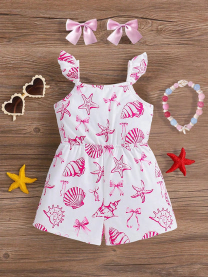 Emery Rose Kids Emery Rose Kids Babygirl Casual Knit Elastic Cute Cartoon Pattern Camisole Romper,Suitable For Summer Beach Baby Girl Outfit Sets Sea Animal Clothes Ocean Print 2t