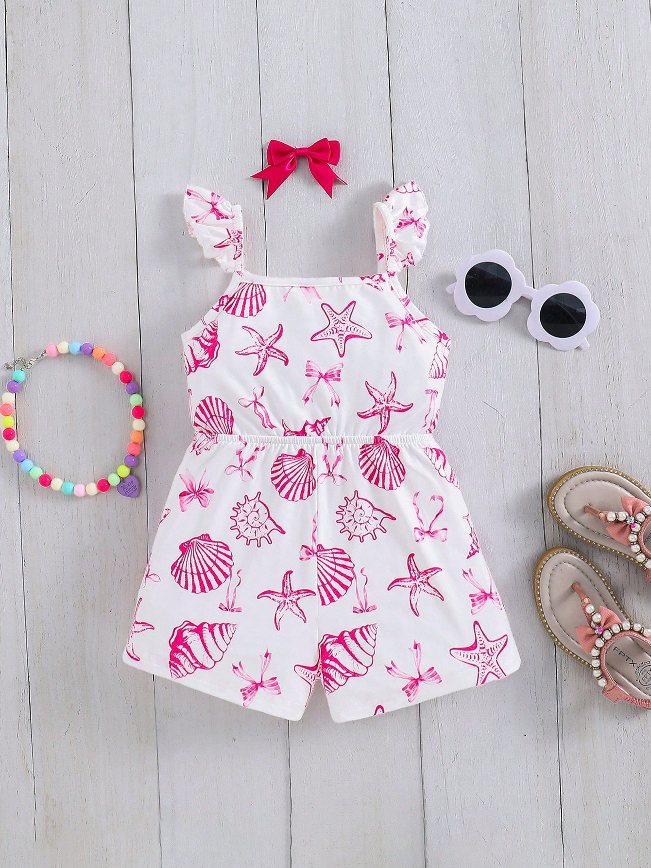 Emery Rose Kids Emery Rose Kids Babygirl Casual Knit Elastic Cute Cartoon Pattern Camisole Romper,Suitable For Summer Beach Baby Girl Outfit Sets Sea Animal Clothes Ocean Print 2t