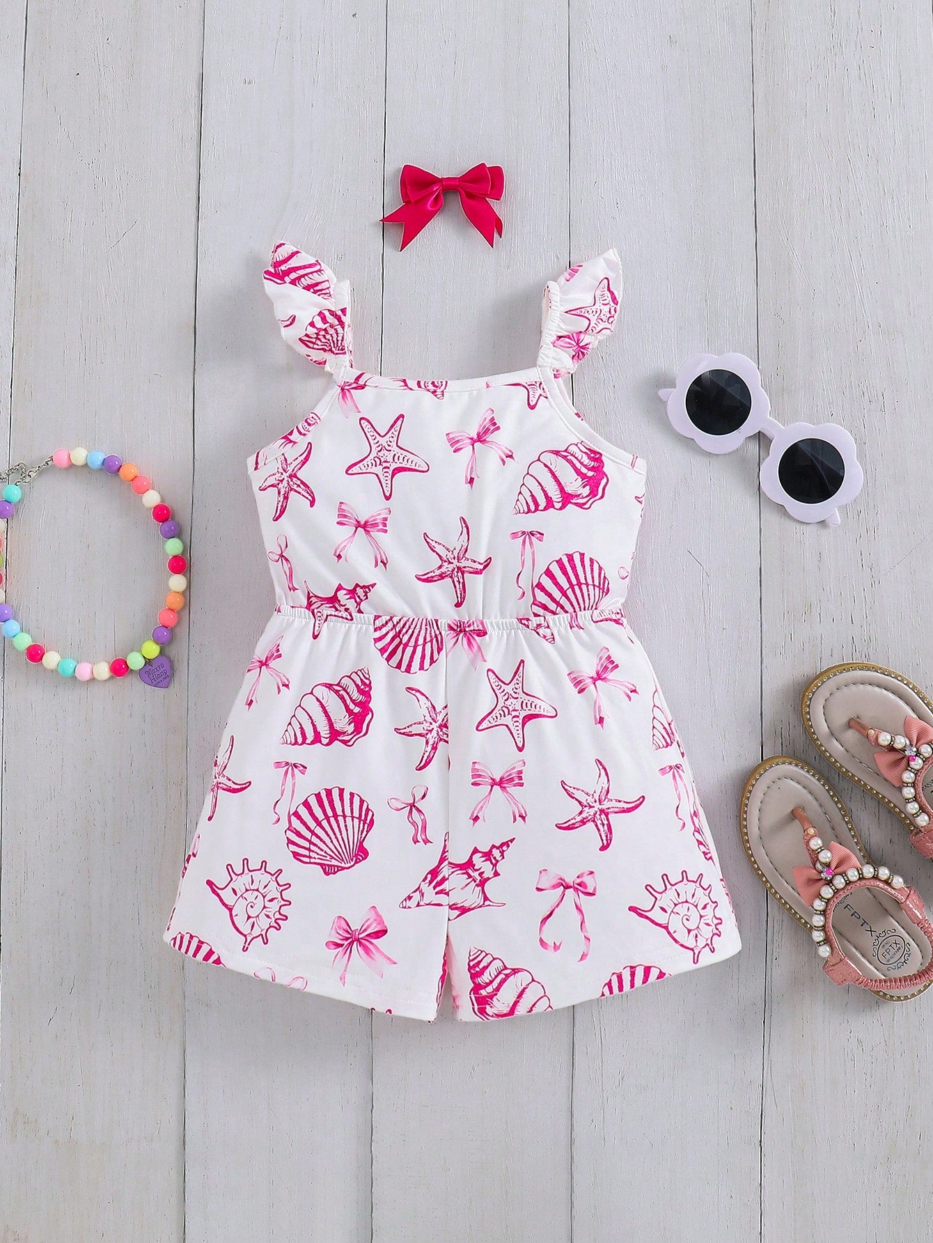 Emery Rose Kids Emery Rose Kids Babygirl Casual Knit Elastic Cute Cartoon Pattern Camisole Romper,Suitable For Summer Beach Baby Girl Outfit Sets Sea Animal Clothes Ocean Print 2t