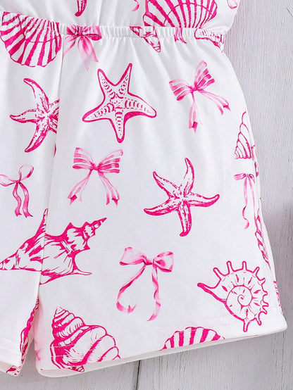 Emery Rose Kids Emery Rose Kids Babygirl Casual Knit Elastic Cute Cartoon Pattern Camisole Romper,Suitable For Summer Beach Baby Girl Outfit Sets Sea Animal Clothes Ocean Print 2t