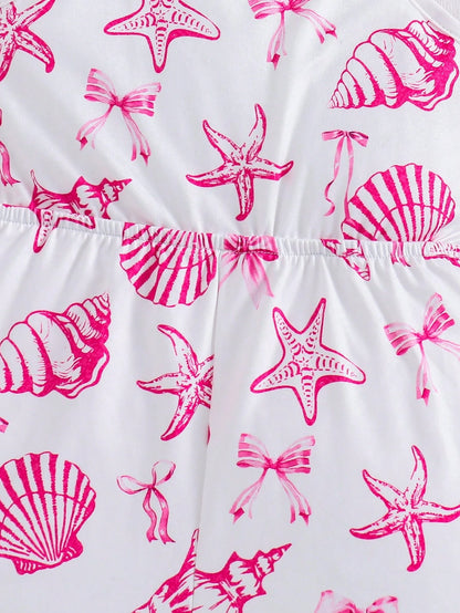 Emery Rose Kids Emery Rose Kids Babygirl Casual Knit Elastic Cute Cartoon Pattern Camisole Romper,Suitable For Summer Beach Baby Girl Outfit Sets Sea Animal Clothes Ocean Print 2t