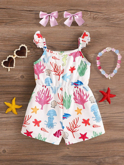 Emery Rose Kids Emery Rose Kids Babygirl Casual Knit Elastic Cute Cartoon Pattern Camisole Romper,Suitable For Summer Beach Baby Girl Outfit Sets Sea Animal Clothes Ocean Print 2t