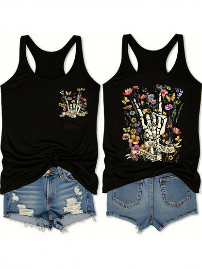 EMERY ROSE Music Festival Floral & Skull Print Casual Minimalist Camisole Tank Top, Plus Size, Suitable For Summer Back To School,Vacation/Spring