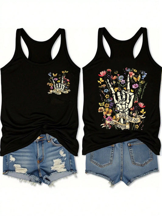 EMERY ROSE Music Festival Floral & Skull Print Casual Minimalist Camisole Tank Top, Plus Size, Suitable For Summer Back To School,Vacation/Spring