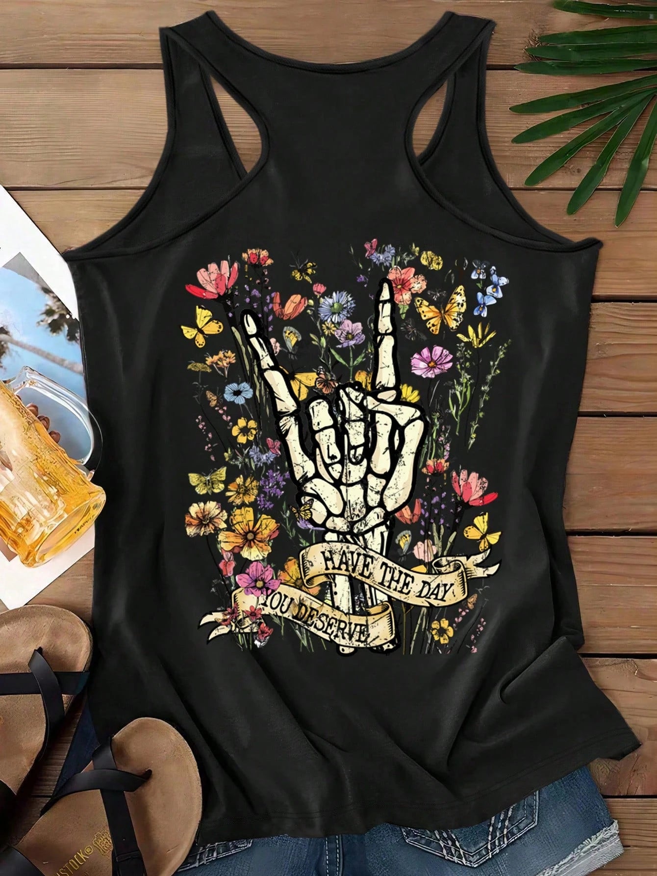 EMERY ROSE Music Festival Floral & Skull Print Casual Minimalist Camisole Tank Top, Plus Size, Suitable For Summer Back To School,Vacation/Spring