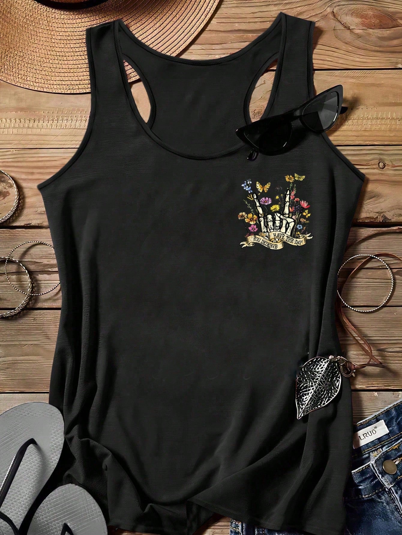EMERY ROSE Music Festival Floral & Skull Print Casual Minimalist Camisole Tank Top, Plus Size, Suitable For Summer Back To School,Vacation/Spring