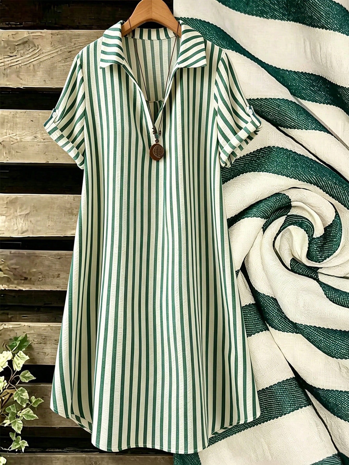 EMERY ROSE New V-Neck Striped Loose Casual Long Button-Down Women's Dress