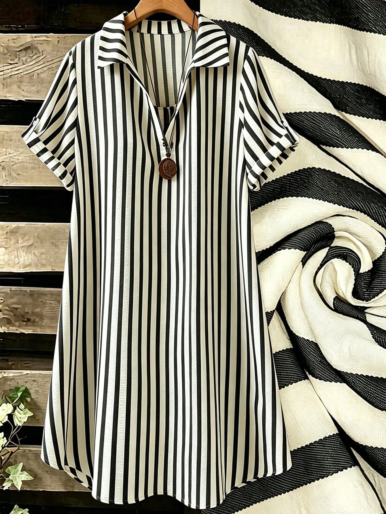EMERY ROSE New V-Neck Striped Loose Casual Long Button-Down Women's Dress