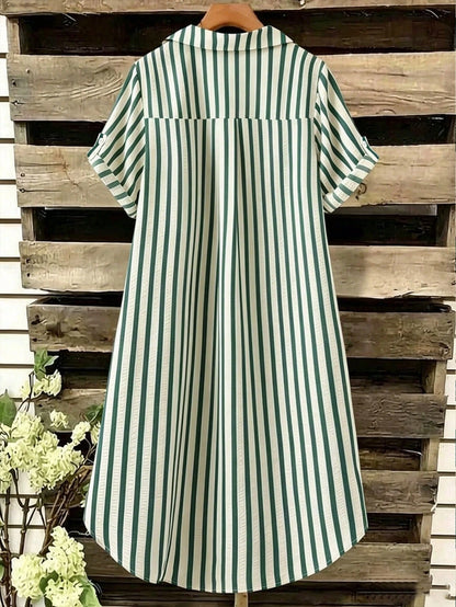 EMERY ROSE New V-Neck Striped Loose Casual Long Button-Down Women's Dress