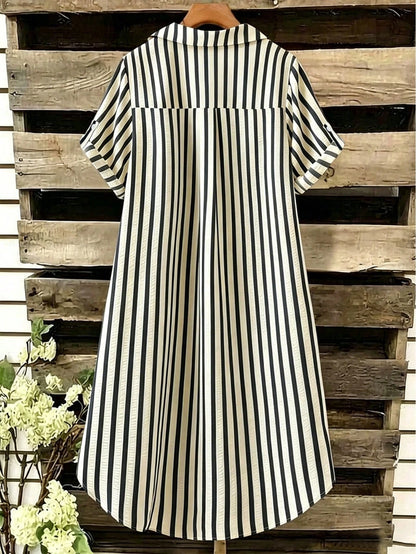 EMERY ROSE New V-Neck Striped Loose Casual Long Button-Down Women's Dress