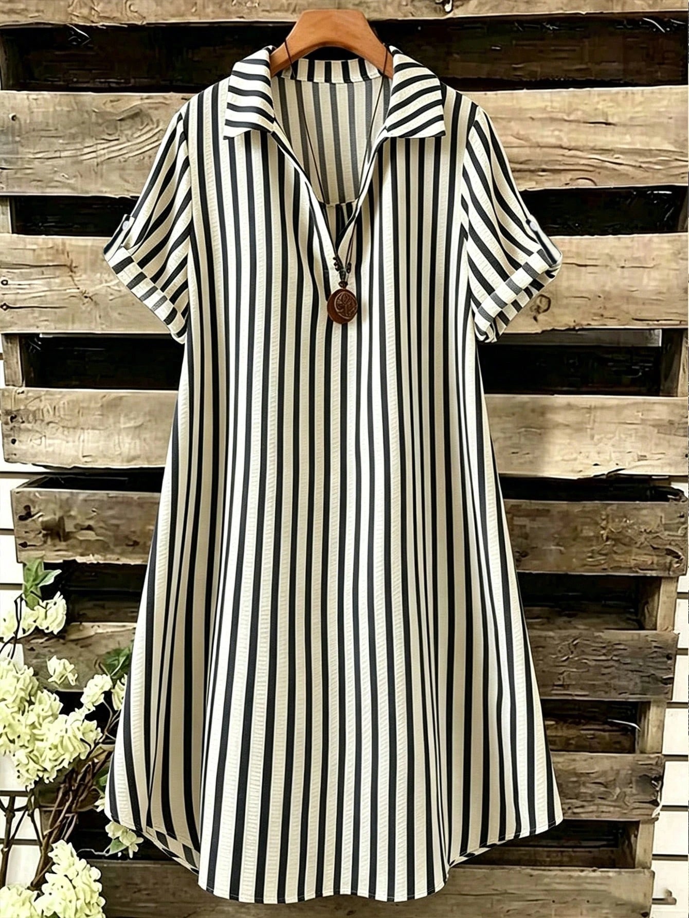 EMERY ROSE New V-Neck Striped Loose Casual Long Button-Down Women's Dress