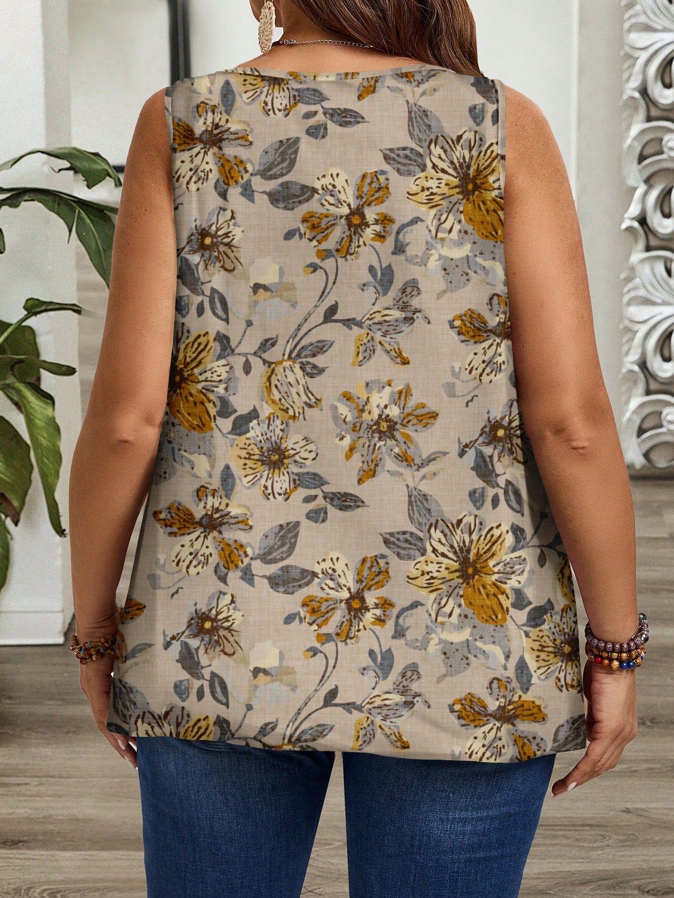 EMERY ROSE Plus Size Khaki Ditsy Floral Print Loose Strap Tank Top, Suitable For Spring/Summer Vacation Suitable For Going Out,Flower, Spring Break
