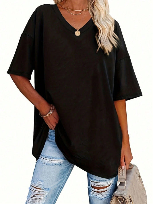 EMERY ROSE Plus Size Solid Half Sleeve Casual V Neck T-Shirt For Summer, Women's Plus Size Tees Women Tops