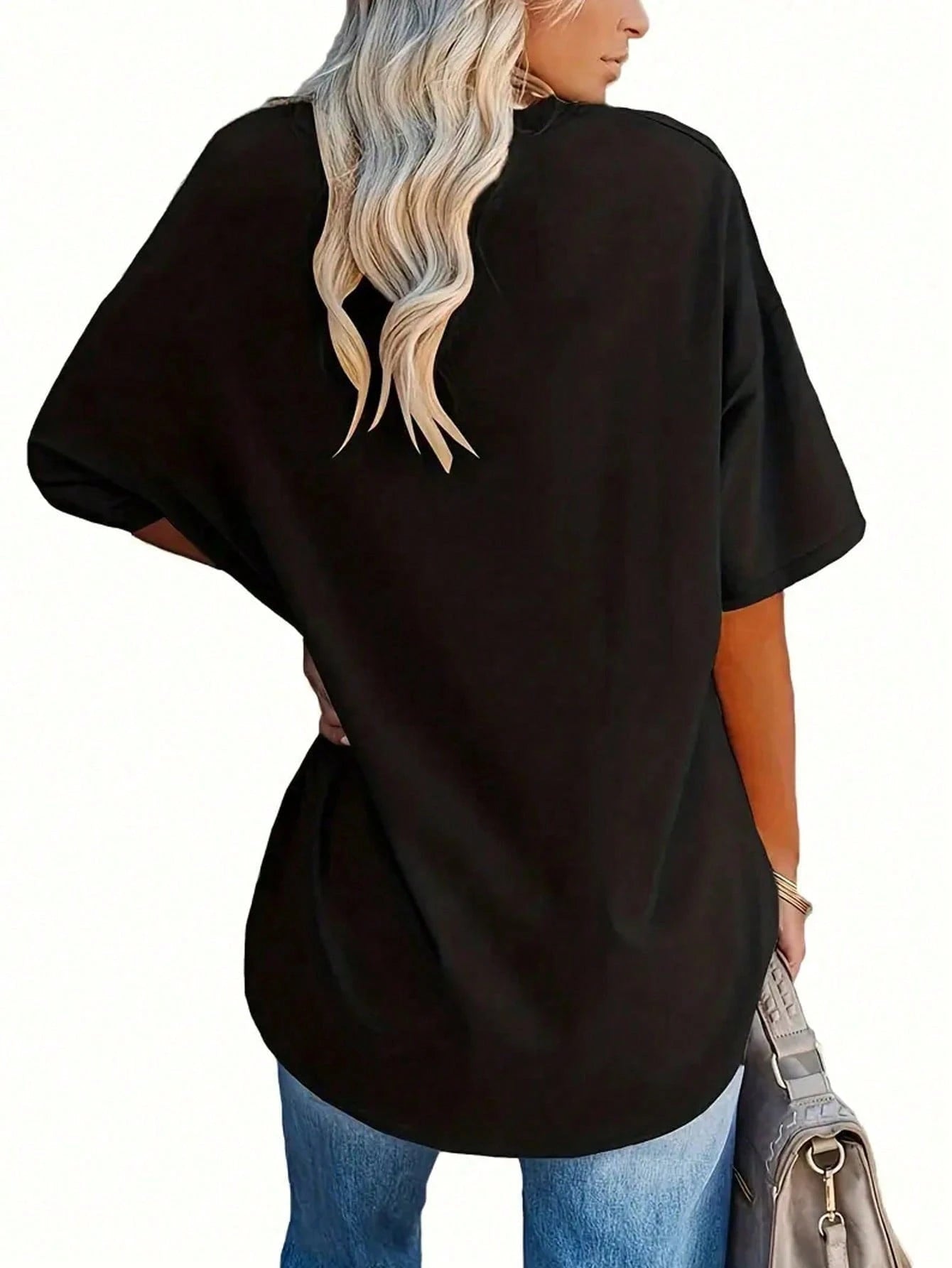 EMERY ROSE Plus Size Solid Half Sleeve Casual V Neck T-Shirt For Summer, Women's Plus Size Tees Women Tops