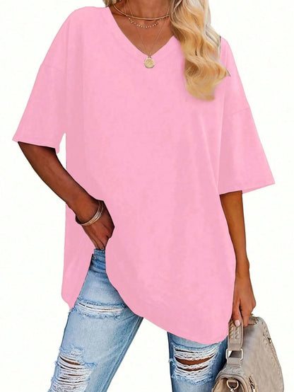 EMERY ROSE Plus Size Solid Half Sleeve Casual V Neck T-Shirt For Summer, Women's Plus Size Tees Women Tops