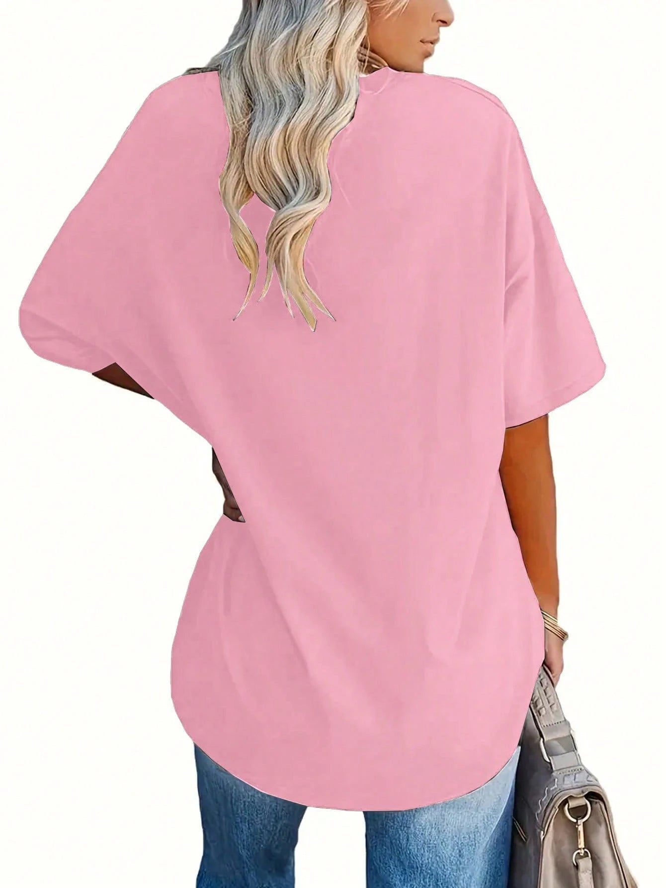 EMERY ROSE Plus Size Solid Half Sleeve Casual V Neck T-Shirt For Summer, Women's Plus Size Tees Women Tops