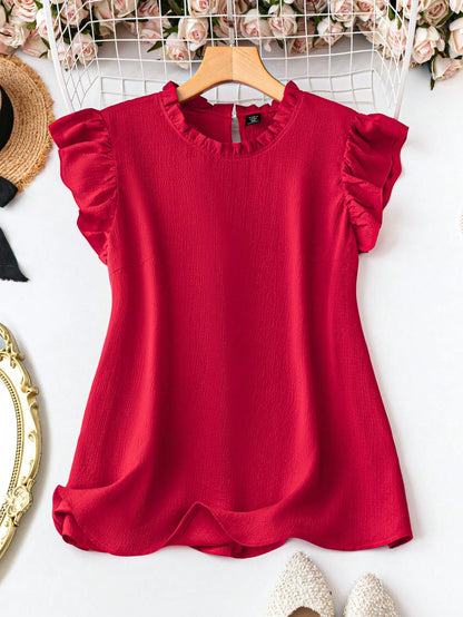 EMERY ROSE Plus Size Summer Casual Solid Color Cap Sleeve Black Blouse