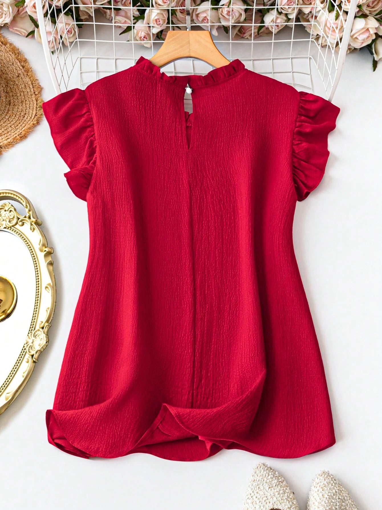EMERY ROSE Plus Size Summer Casual Solid Color Cap Sleeve Black Blouse