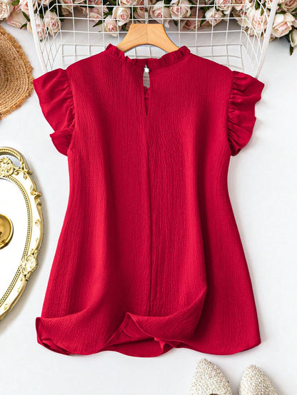 EMERY ROSE Plus Size Summer Casual Solid Color Cap Sleeve Black Blouse